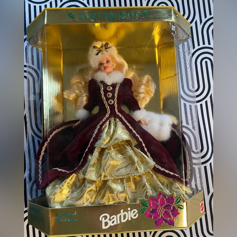 Barbie Doll Happy Holidays 1996 in Rich Burgundy and Shimmering Gold Gown NRFB